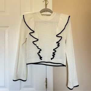 EUC White Sweater with Black Trim Ruffle Detail